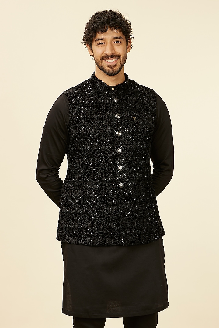 Black Velvet Sequins Embroidered Bundi Jacket by Manyavar