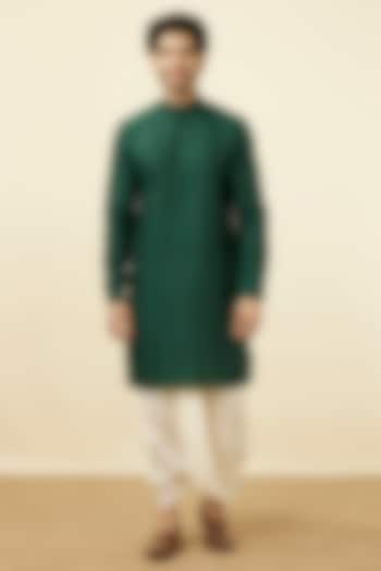 Moss Green Linen Embroidered Kurta by Manyavar