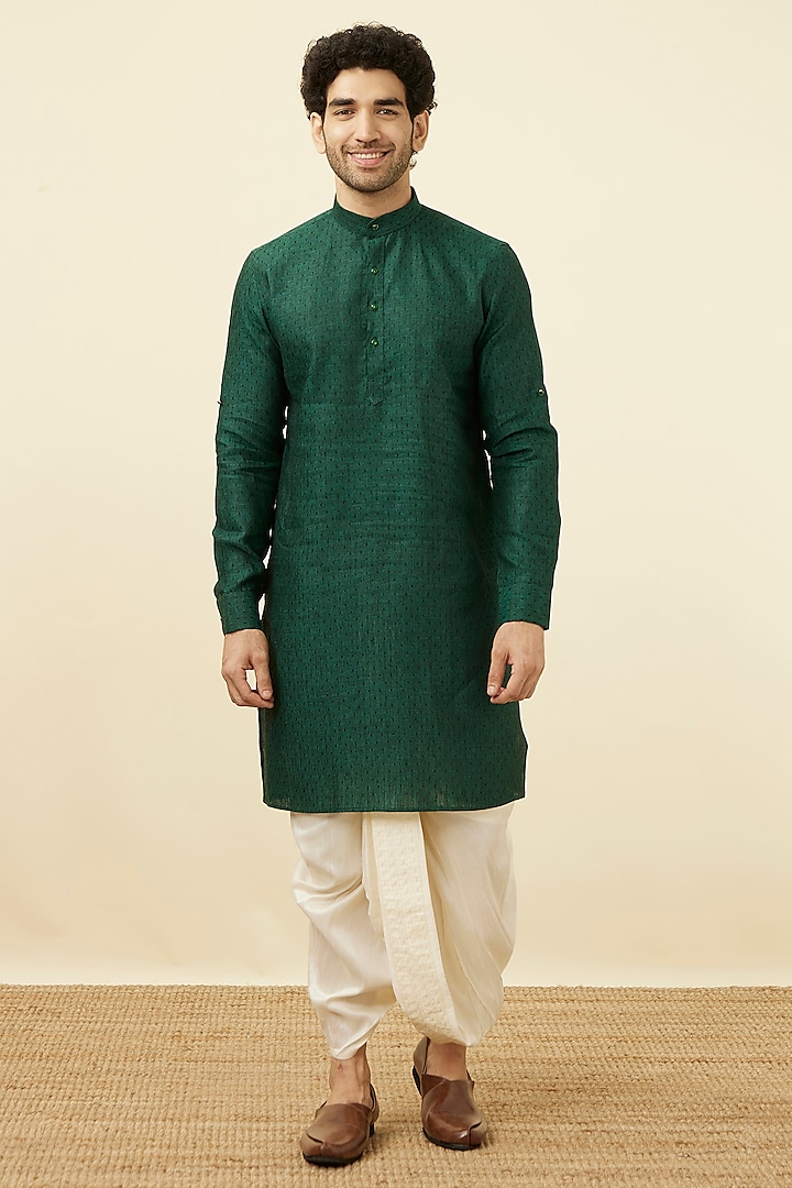 Moss Green Linen Embroidered Kurta by Manyavar