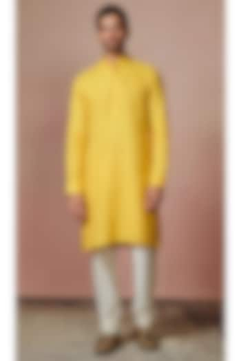 Mustard Yellow Linen Self-Design Kurta by Manyavar