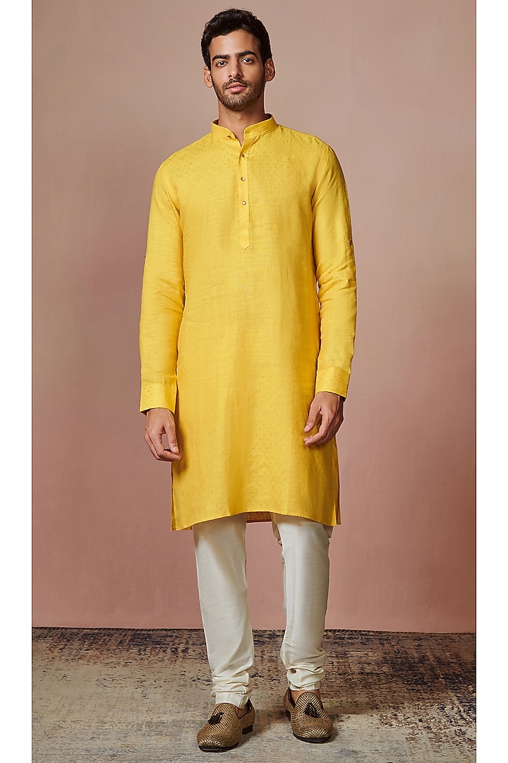 Mustard Yellow Linen Self-Design Kurta by Manyavar