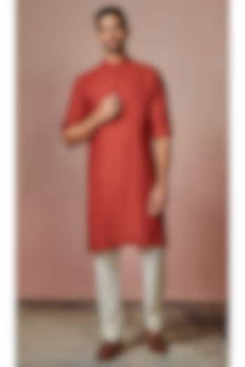 Rust Red Linen Self-Design Kurta by Manyavar