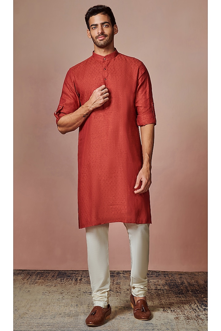 Rust Red Linen Self-Design Kurta by Manyavar