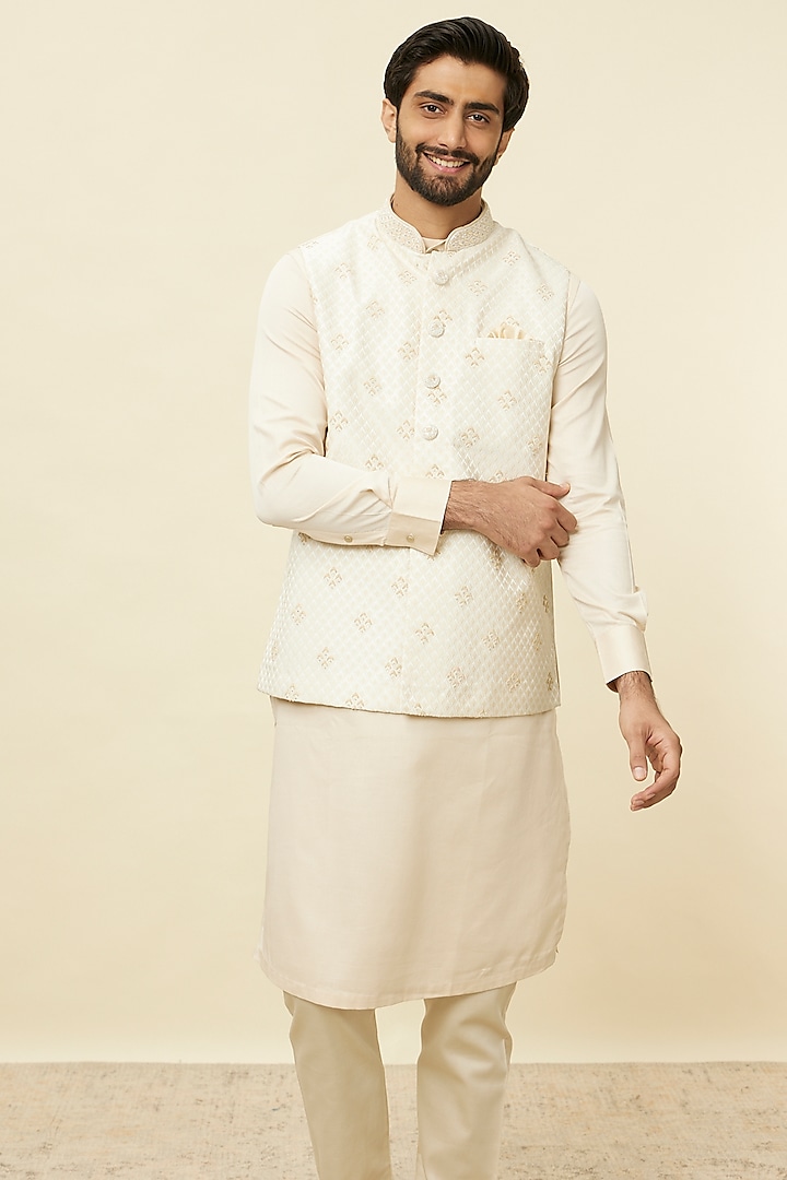 Cream Brocade Bundi Jacket by Manyavar