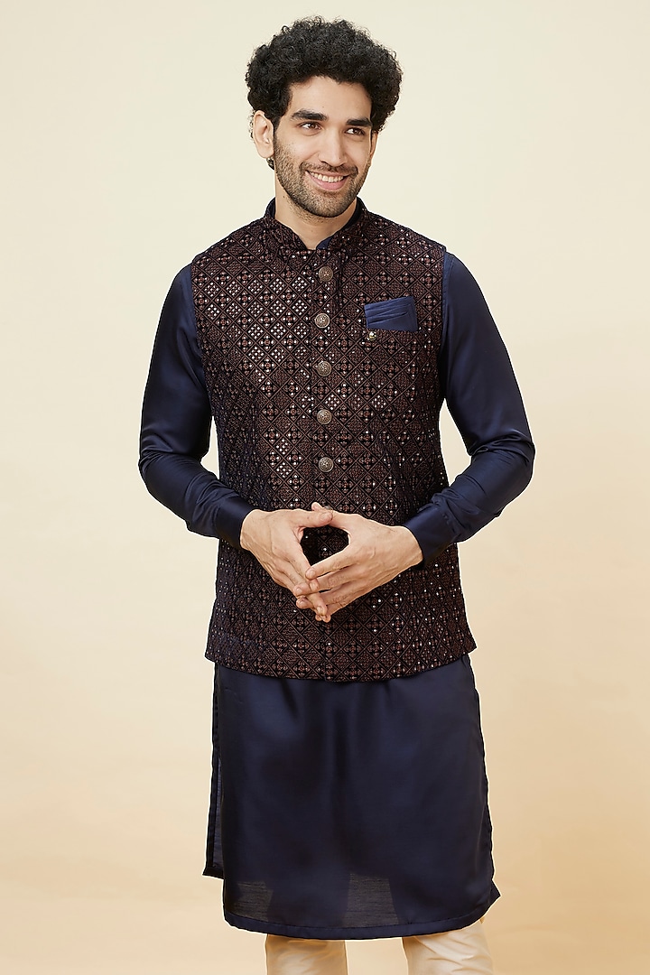 Deep Blue Velvet Sequinned Bundi Jacket by Manyavar