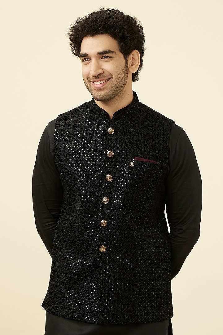 Twilight Black Velvet Sequinned Bundi Jacket by Manyavar