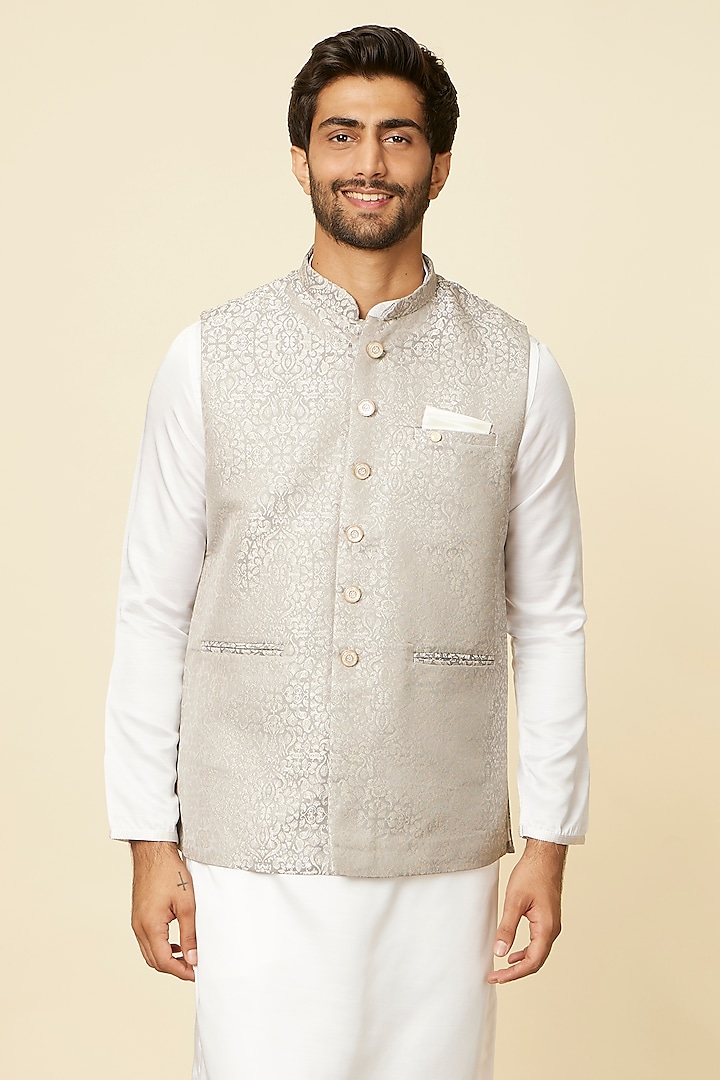 Grey Brocade Bundi Jacket by Manyavar