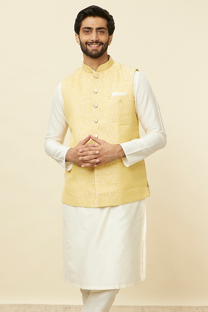 Yellow Brocade Bundi Jacket by Manyavar at Pernia's Pop Up Shop