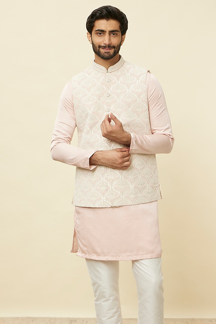 Warm White Art Silk Bundi Jacket by Manyavar at Pernia's Pop Up Shop