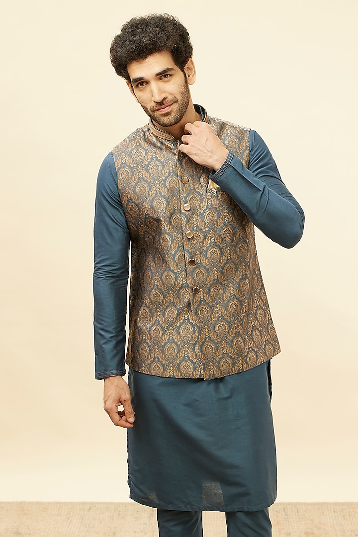 Blue-Grey Brocade Jaal Pattern Bundi Jacket by Manyavar