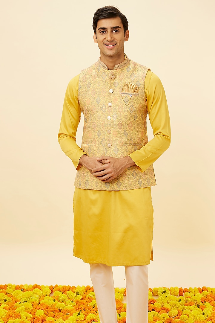 Marigold Yellow Brocade Motifs Bundi Jacket by Manyavar at Pernia's Pop Up Shop