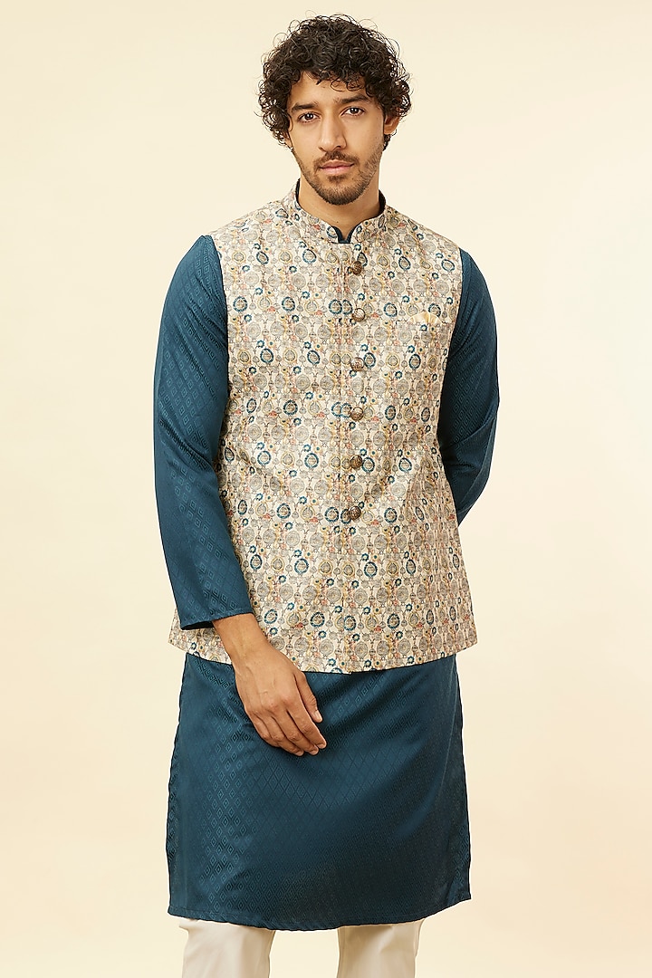 Beige Blended Cotton Bundi Jacket by Manyavar