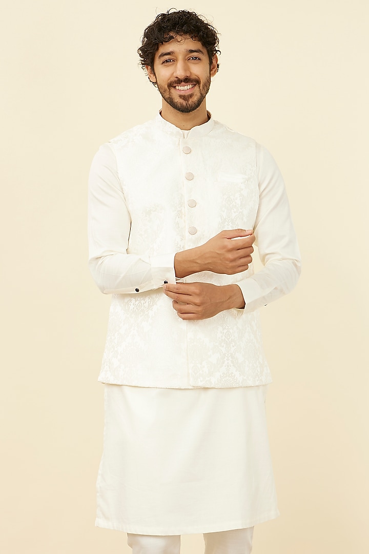 Warm White Brocade Jacquard Bundi Jacket by Manyavar