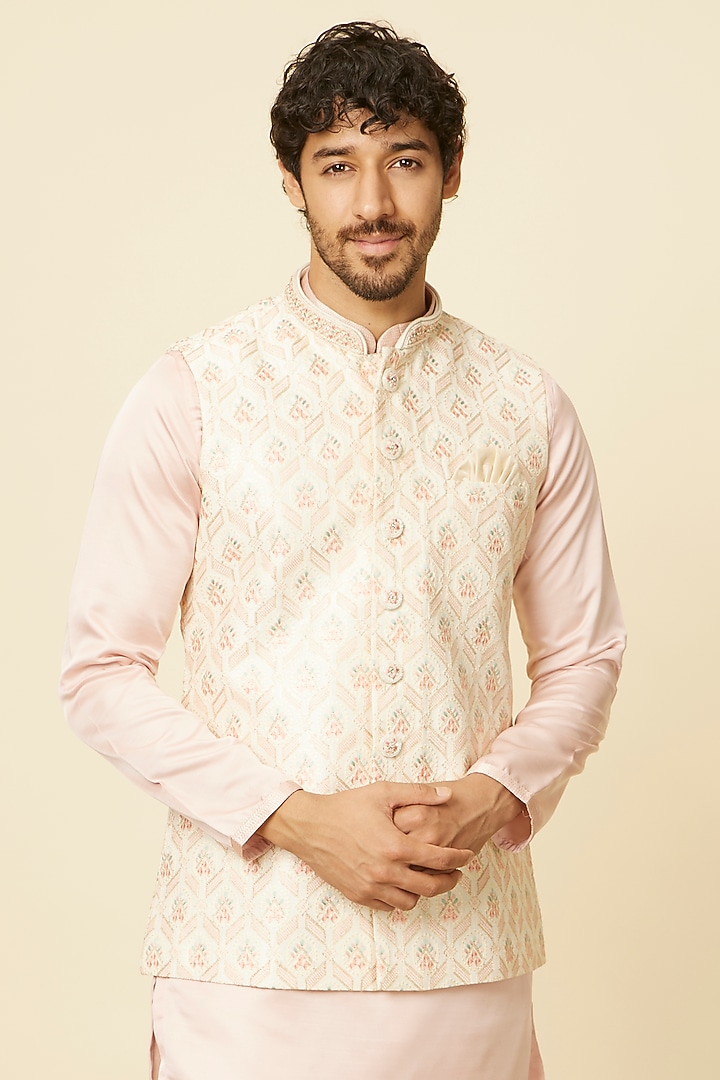Cream Art Silk Bundi Jacket by Manyavar at Pernia's Pop Up Shop