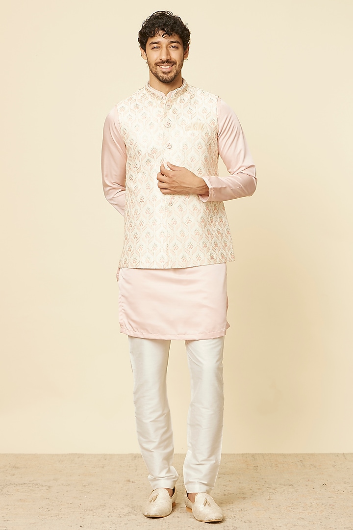 Cream Art Silk Bundi Jacket by Manyavar at Pernia's Pop Up Shop