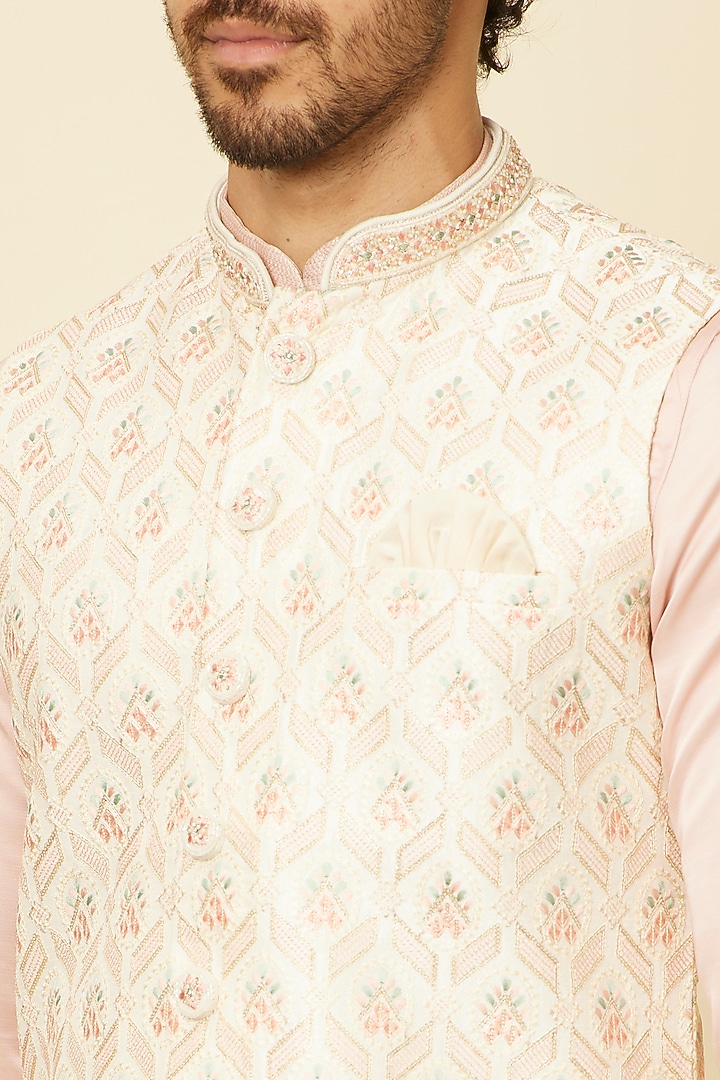 Cream Art Silk Bundi Jacket by Manyavar at Pernia's Pop Up Shop