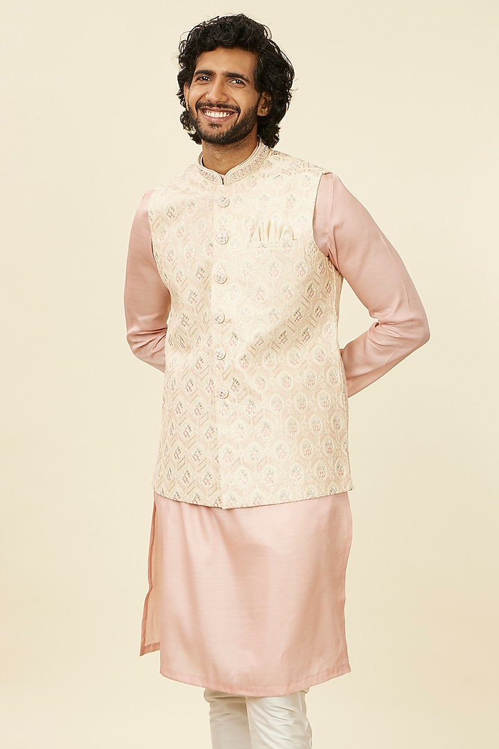 Beige Art Silk Sequins Embroidered Bundi Jacket by Manyavar at Pernia's Pop Up Shop
