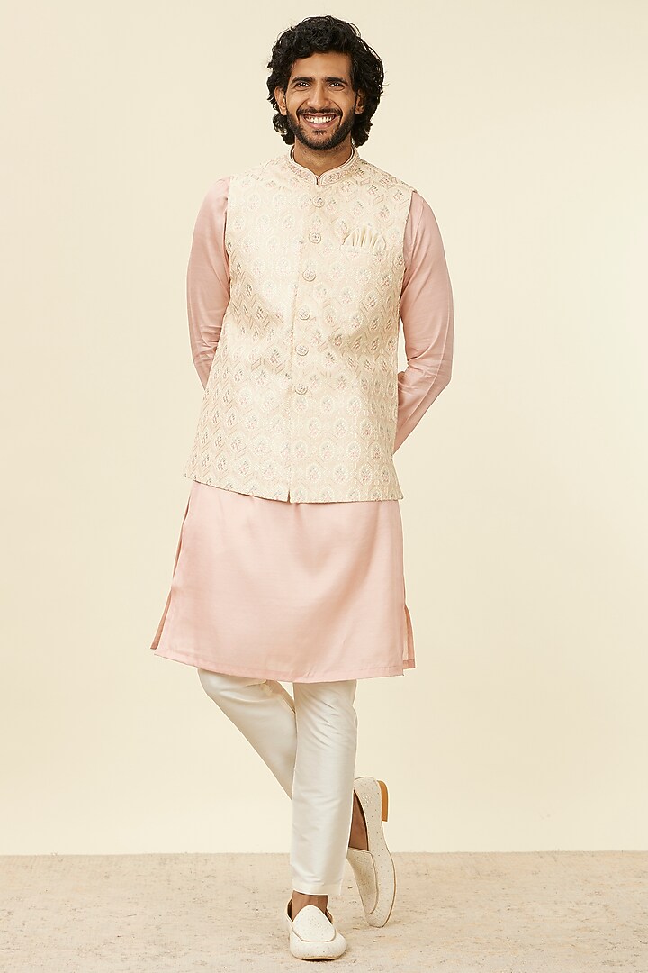 Beige Art Silk Sequins Embroidered Bundi Jacket by Manyavar at Pernia's Pop Up Shop