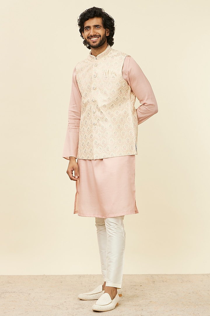Beige Art Silk Sequins Embroidered Bundi Jacket by Manyavar at Pernia's Pop Up Shop