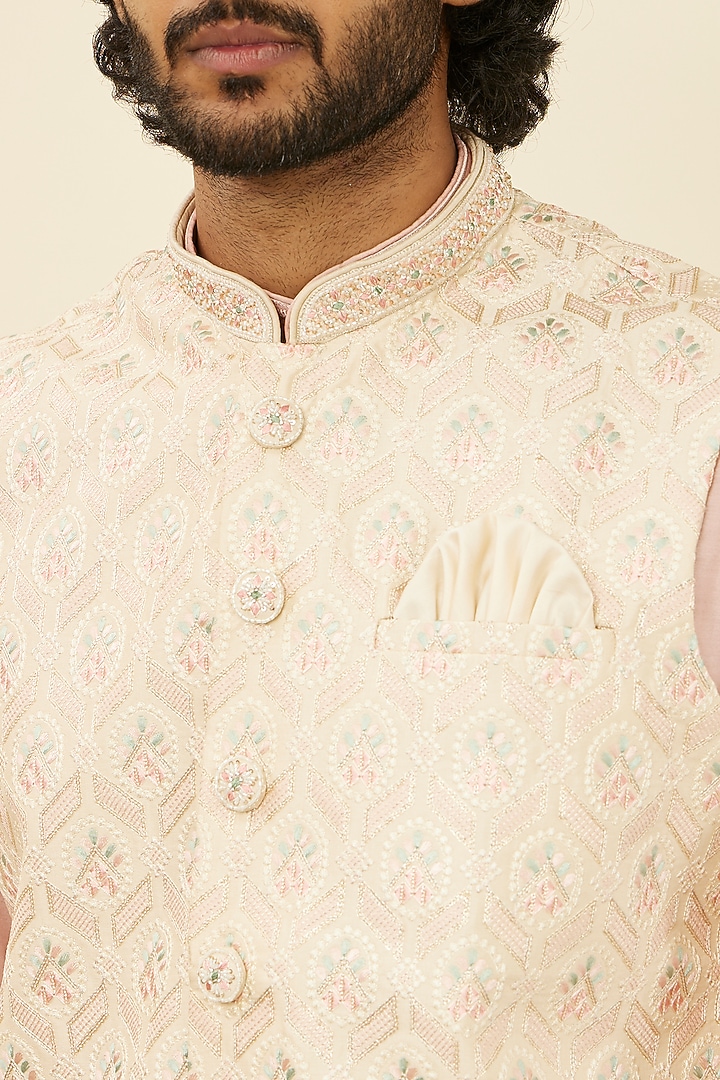 Beige Art Silk Sequins Embroidered Bundi Jacket by Manyavar at Pernia's Pop Up Shop