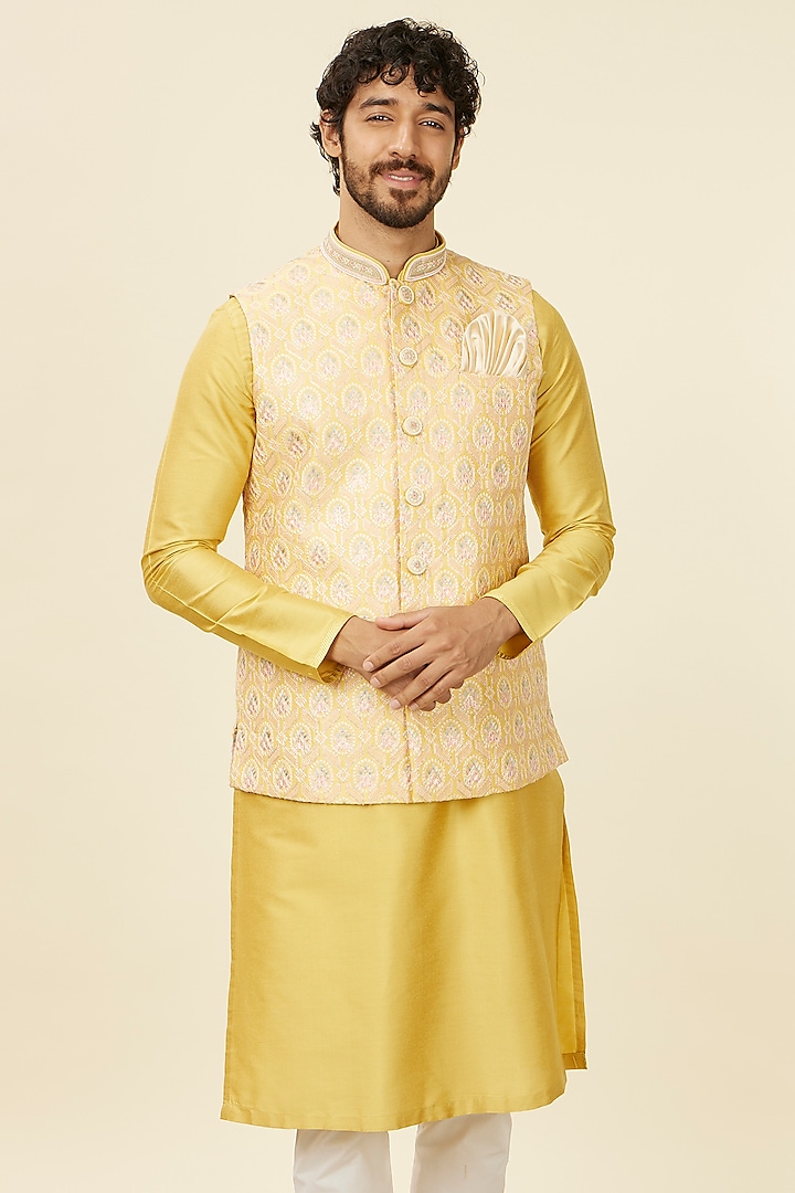 Yellow Art Silk Digital Printed Bundi Jacket by Manyavar at Pernia's Pop Up Shop