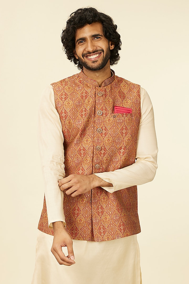 Rust Brocade Zari Embroidered Bundi Jacket by Manyavar at Pernia's Pop Up Shop