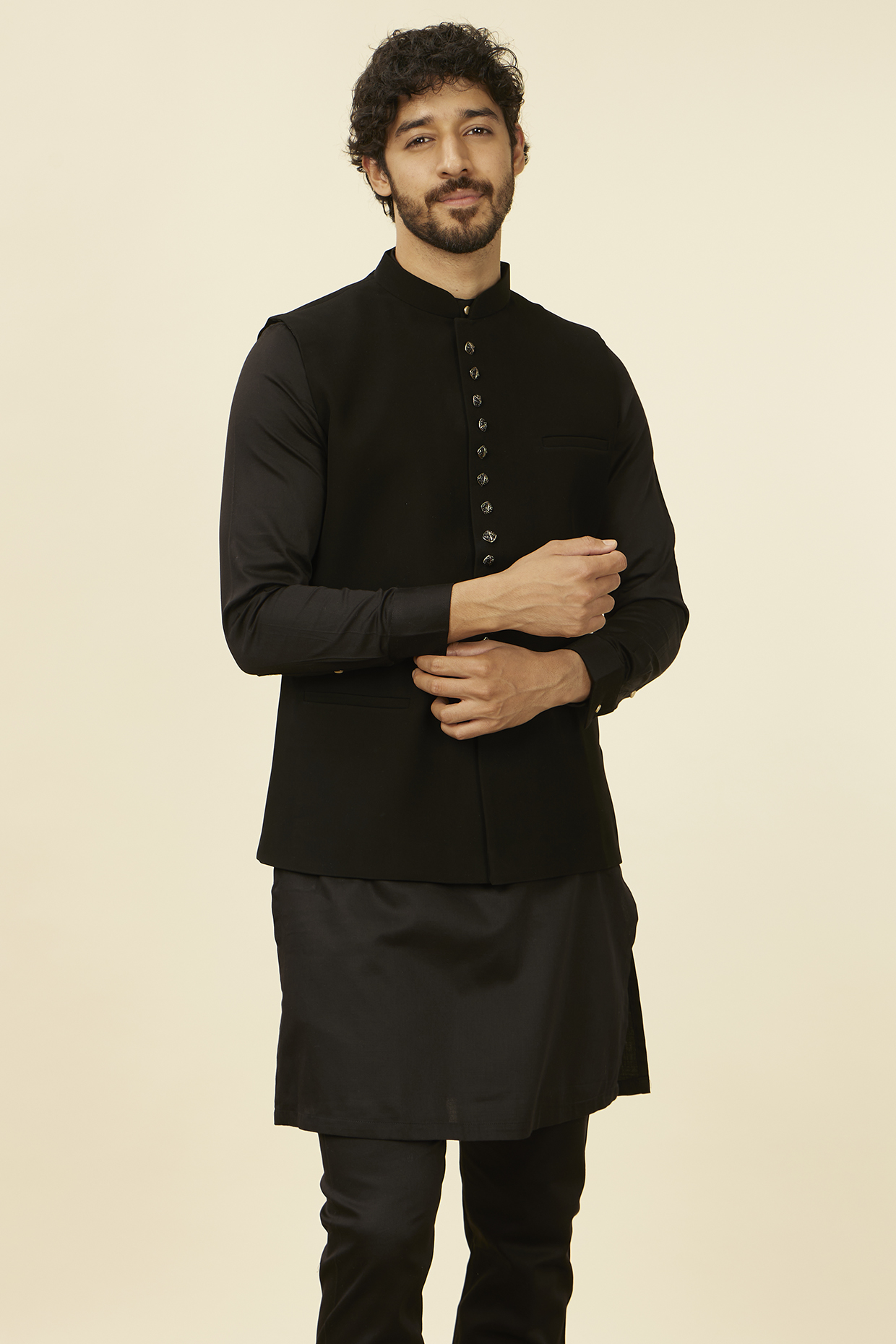 Black Blended Rayon Bundi Jacket by Manyavar