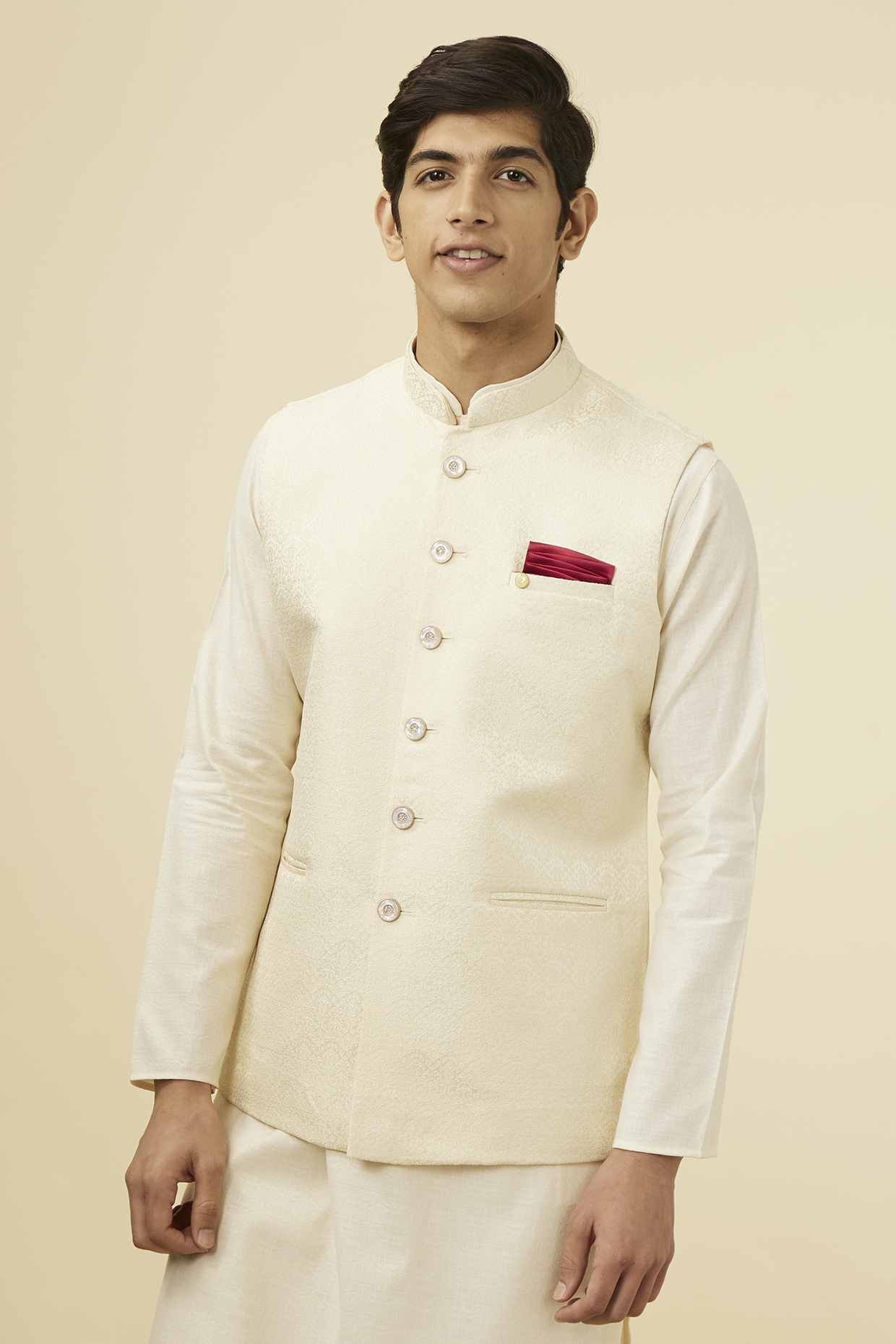 Cream Blended Rayon Bundi Jacket by Manyavar
