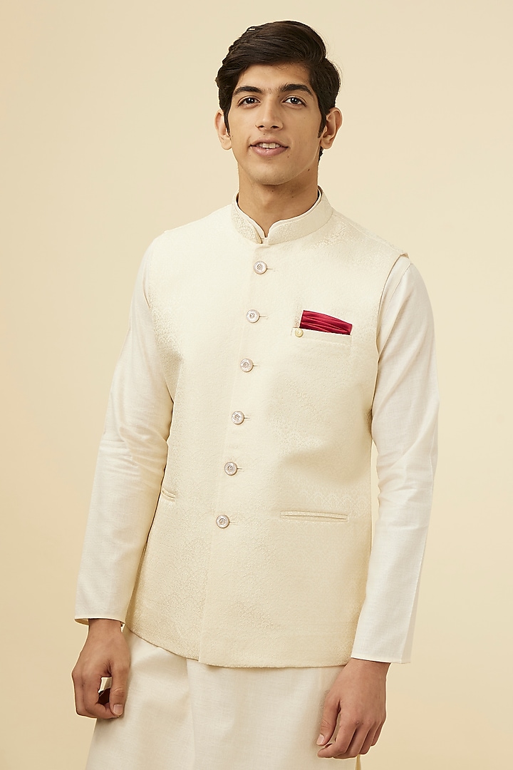 Cream Blended Rayon Bundi Jacket by Manyavar