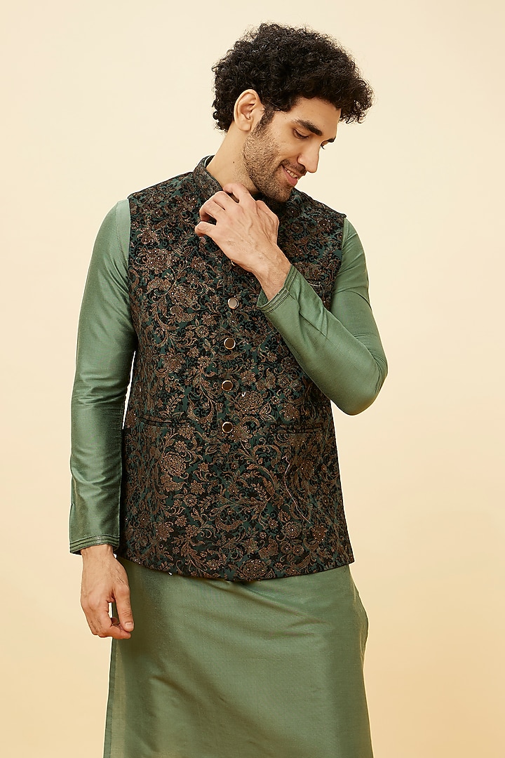 Bottle Green Velvet Boota Pattern Bundi Jacket by Manyavar