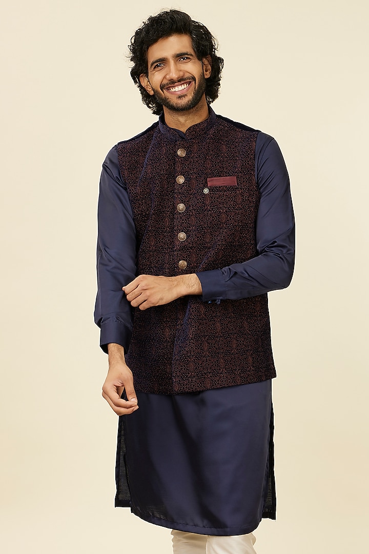 Dark Navy Blue Velvet Bundi Jacket by Manyavar