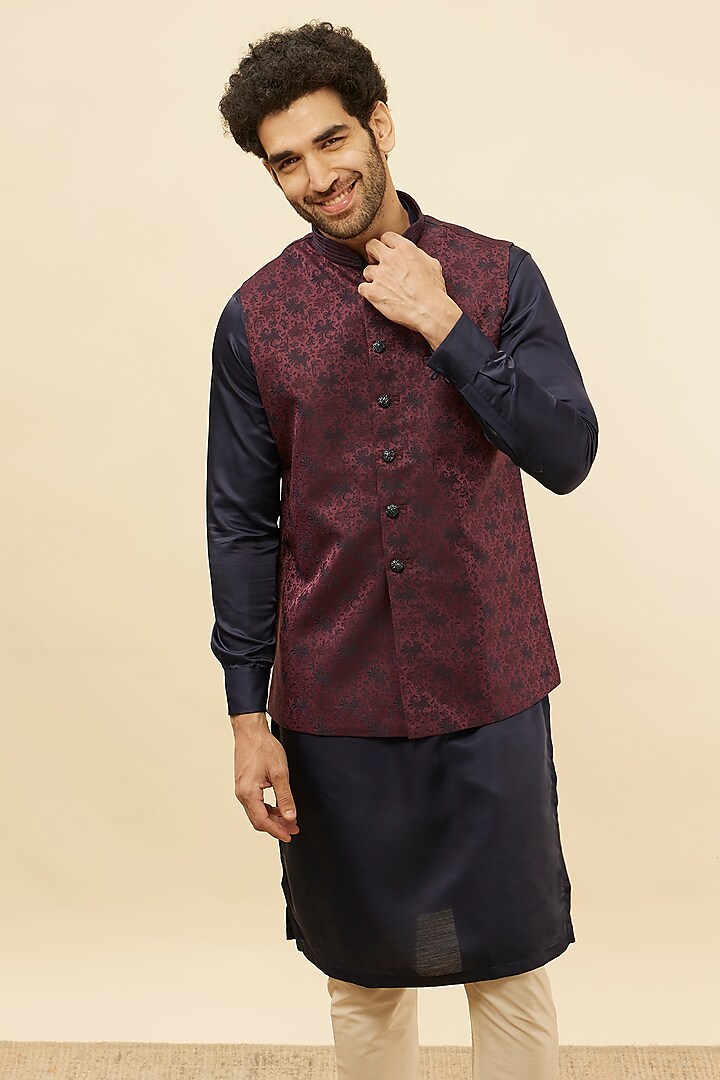 Wine Brocade Bundi Jacket by Manyavar