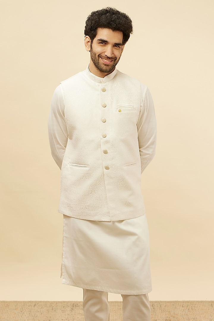 Cream White Brocade Victorian Pattern Bundi Jacket by Manyavar