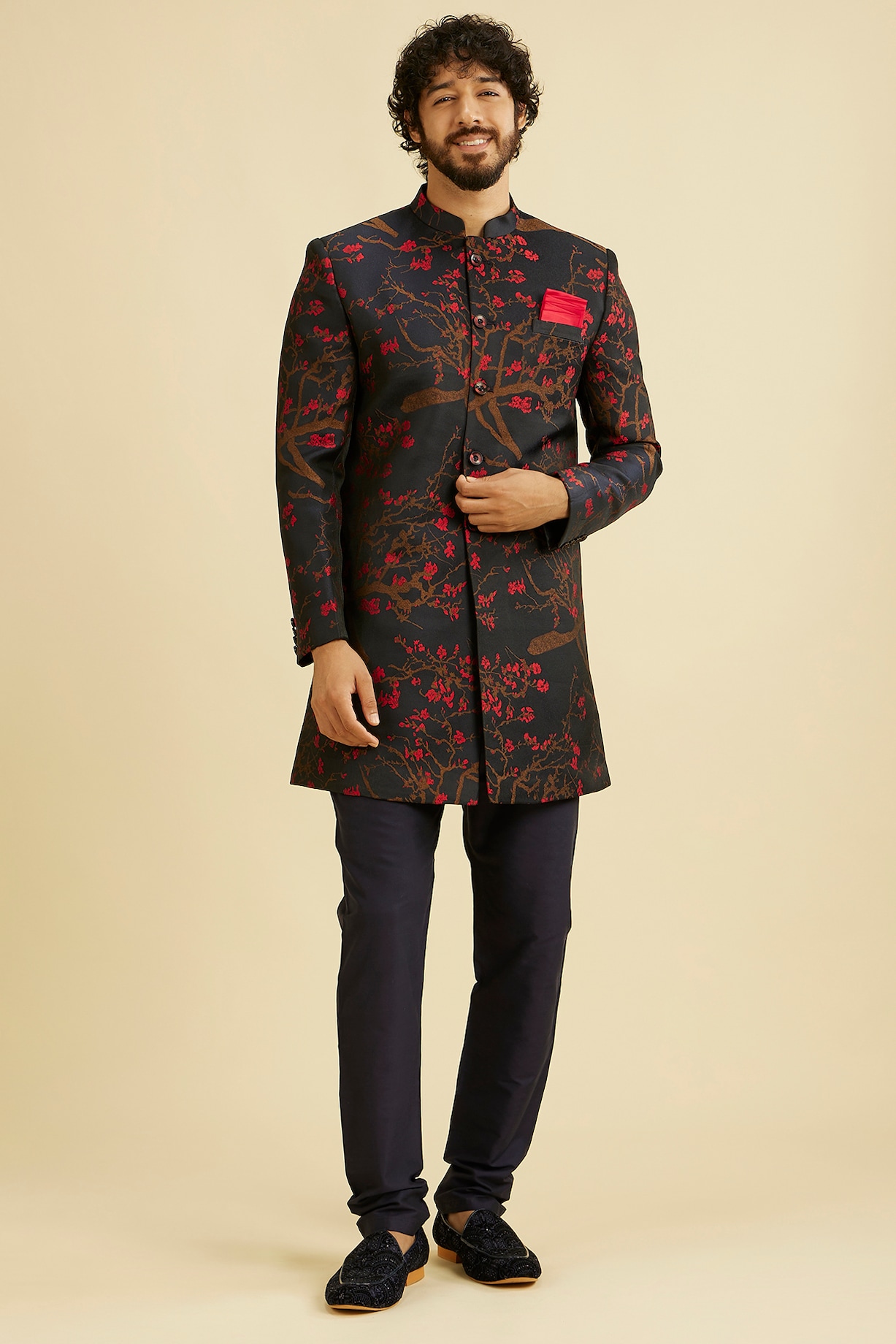 Blue Blended Rayon Floral Printed Indo Western Set by Manyavar at