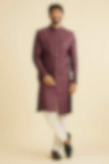 Wine Brocade Self Textured Sherwani Set by Manyavar