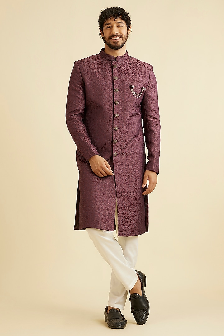 Wine Brocade Self Textured Sherwani Set by Manyavar