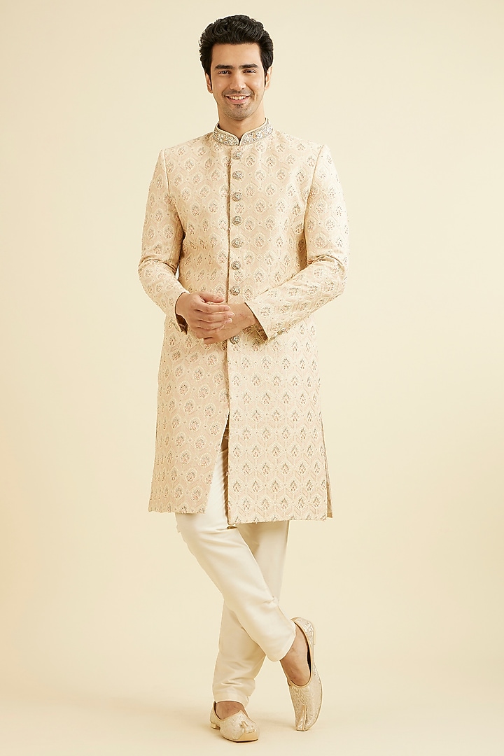 Beige Art Silk Zardosi Embroidered Wedding Sherwani Set by Manyavar at Pernia's Pop Up Shop