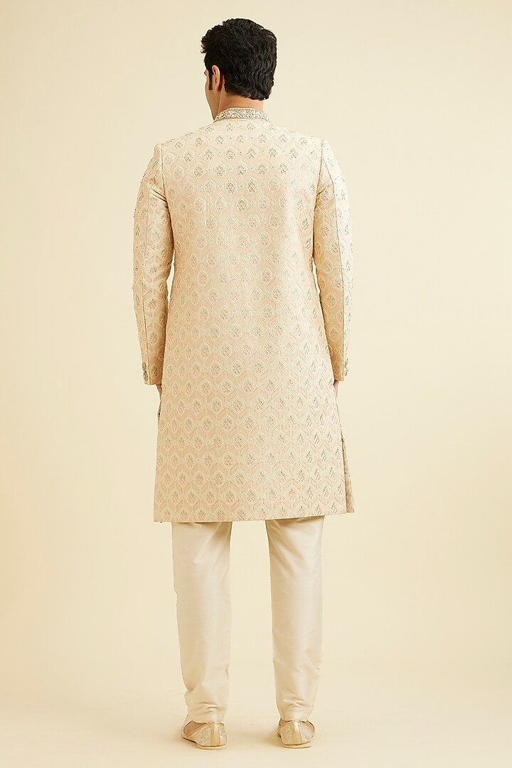 Beige Art Silk Zardosi Embroidered Wedding Sherwani Set by Manyavar at Pernia's Pop Up Shop