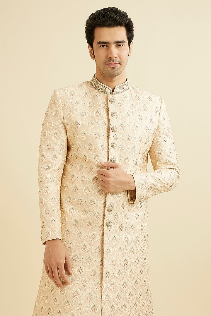 Beige Art Silk Zardosi Embroidered Wedding Sherwani Set by Manyavar at Pernia's Pop Up Shop