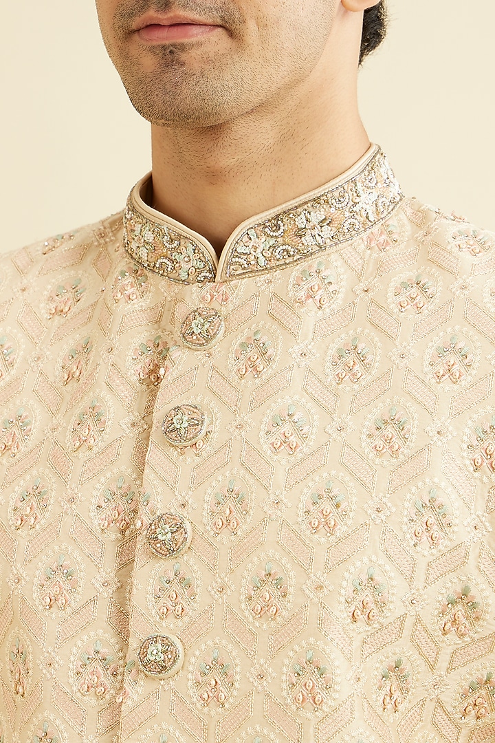 Beige Art Silk Zardosi Embroidered Wedding Sherwani Set by Manyavar at Pernia's Pop Up Shop