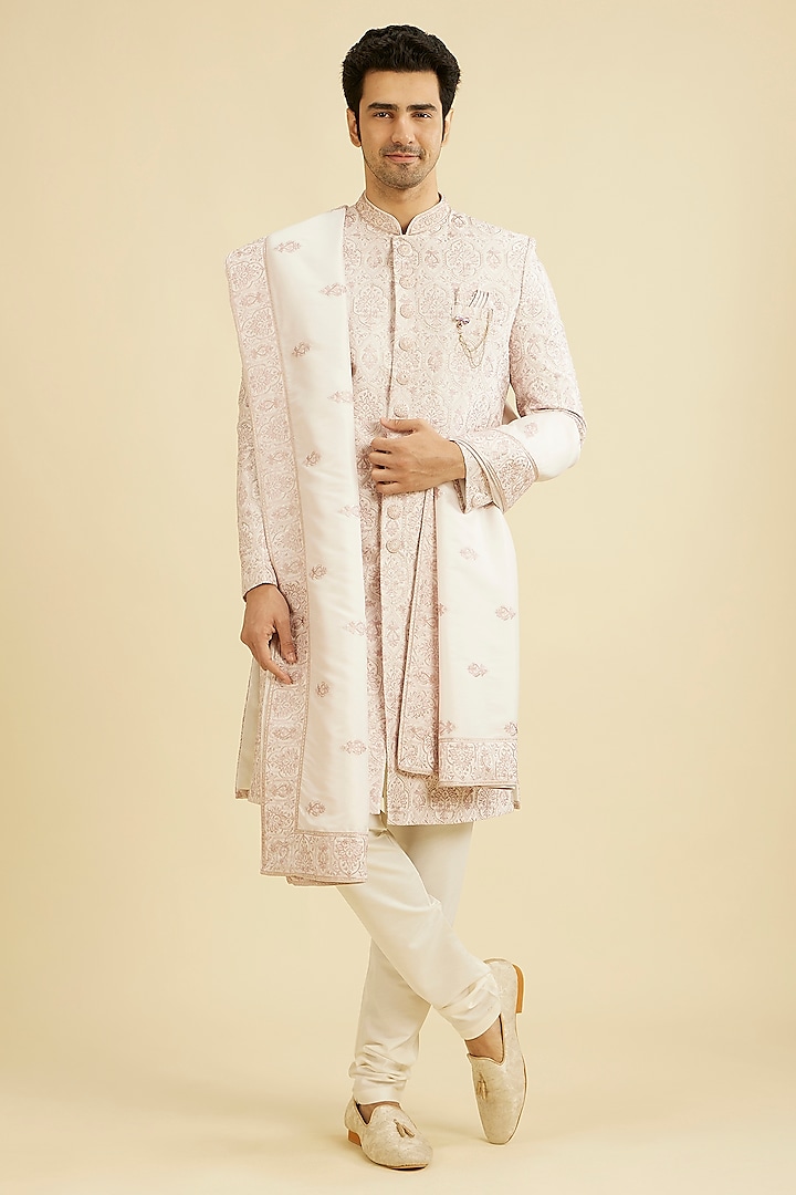 Pink Art Silk Stone Embroidered Wedding Sherwani Set by Manyavar at Pernia's Pop Up Shop