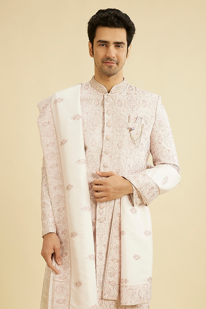 Pink Art Silk Stone Embroidered Wedding Sherwani Set by Manyavar at Pernia's Pop Up Shop