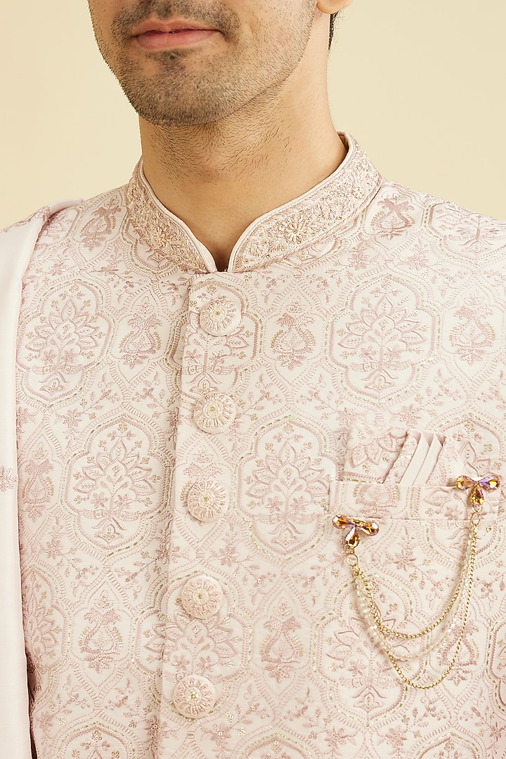 Pink Art Silk Stone Embroidered Wedding Sherwani Set by Manyavar at Pernia's Pop Up Shop