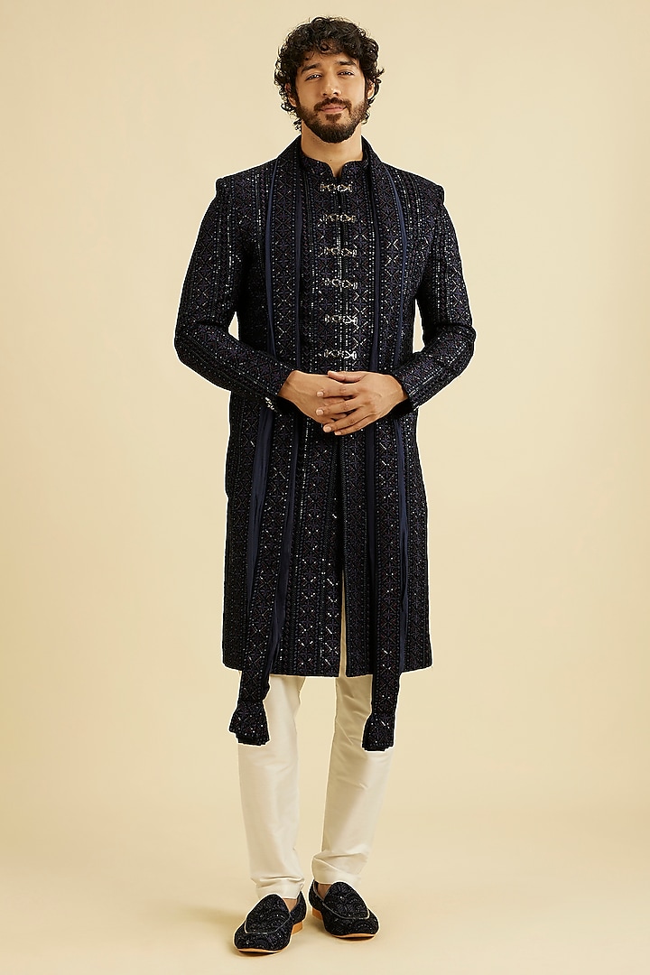 Blue Velvet Sequins Embroidered Wedding Sherwani Set by Manyavar at Pernia's Pop Up Shop