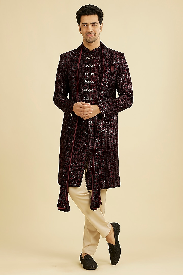 Wine Velvet Sequins Embroidered Sherwani Set by Manyavar