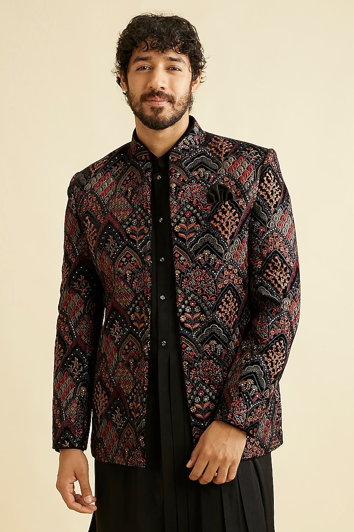 Black Velvet Sequins & Thread Embroidered Indowestern Set by Manyavar at Pernia's Pop Up Shop