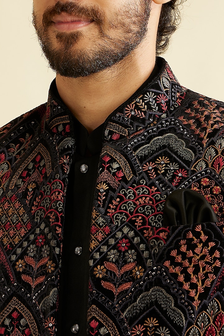 Black Velvet Sequins & Thread Embroidered Indowestern Set by Manyavar at Pernia's Pop Up Shop