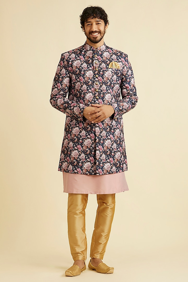 Pink Art Silk Floral Digital Printed Indowestern Set by Manyavar