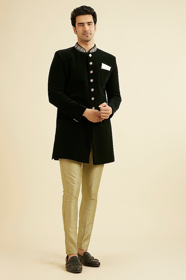 Dark Green Velvet Embroidered Indowestern Set by Manyavar