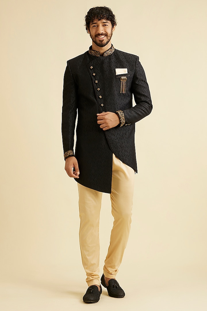 Black Blended Rayon Embroidered Textured Indowestern Set by Manyavar